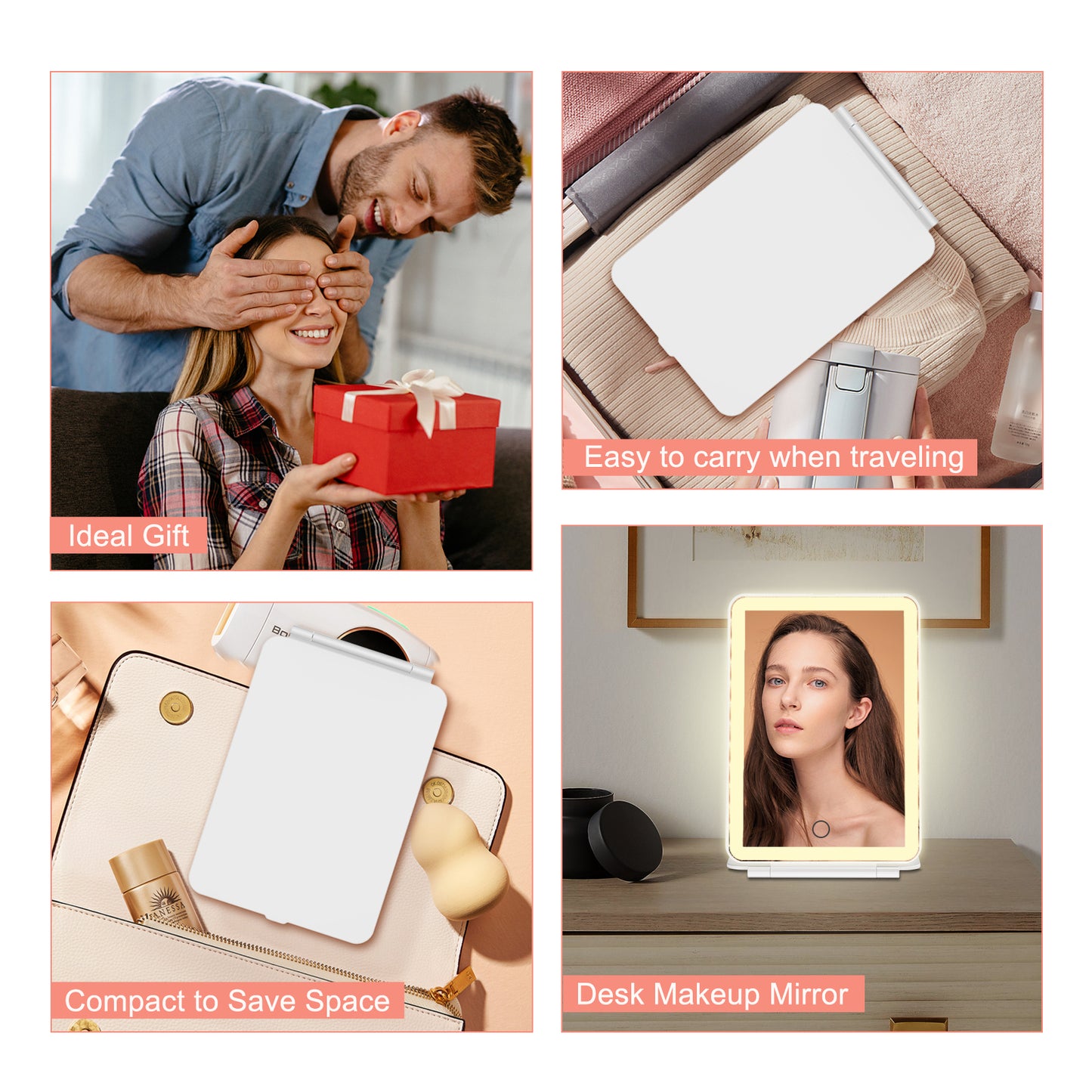 FUNTOUCH Portable LED Lighted Makeup Mirror, Dimmable Touch Control, Foldable Travel Vanity Mirror