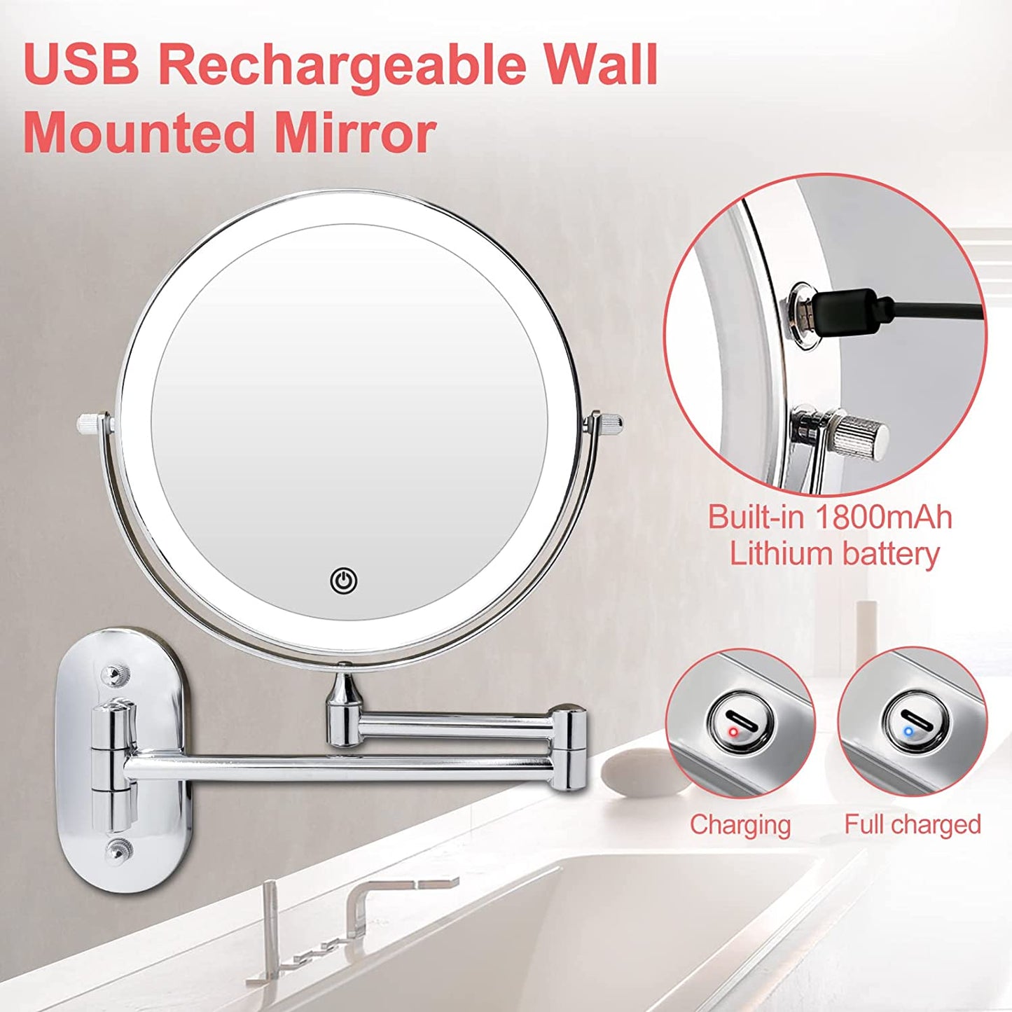 Funtouch Round Lighted Rechargeable 1X 10X Magnifying Wall Mounted Bathroom Makeup Vanity Mirror