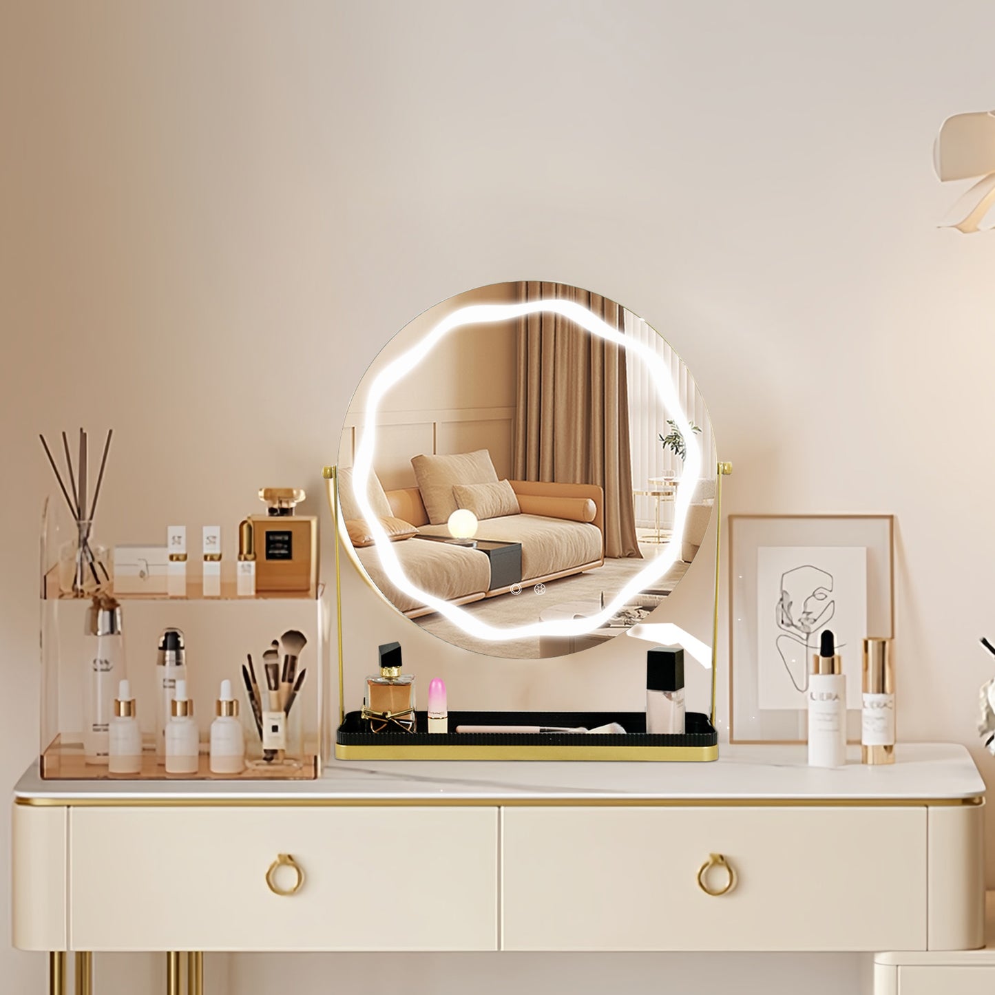 Funtouch 16" Diameter Round Makeup Mirror with Lighted Table Mount, Tabletop Makeup Mirror with Storage,Gold