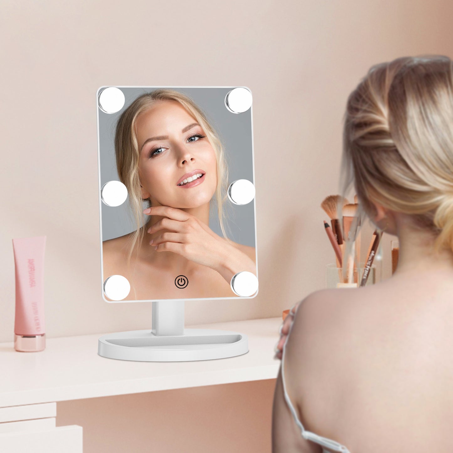 Funtouch 10" x 12" Freestanding Makeup Mirror with Lighted LED Bulbs, x1 Magnification, White