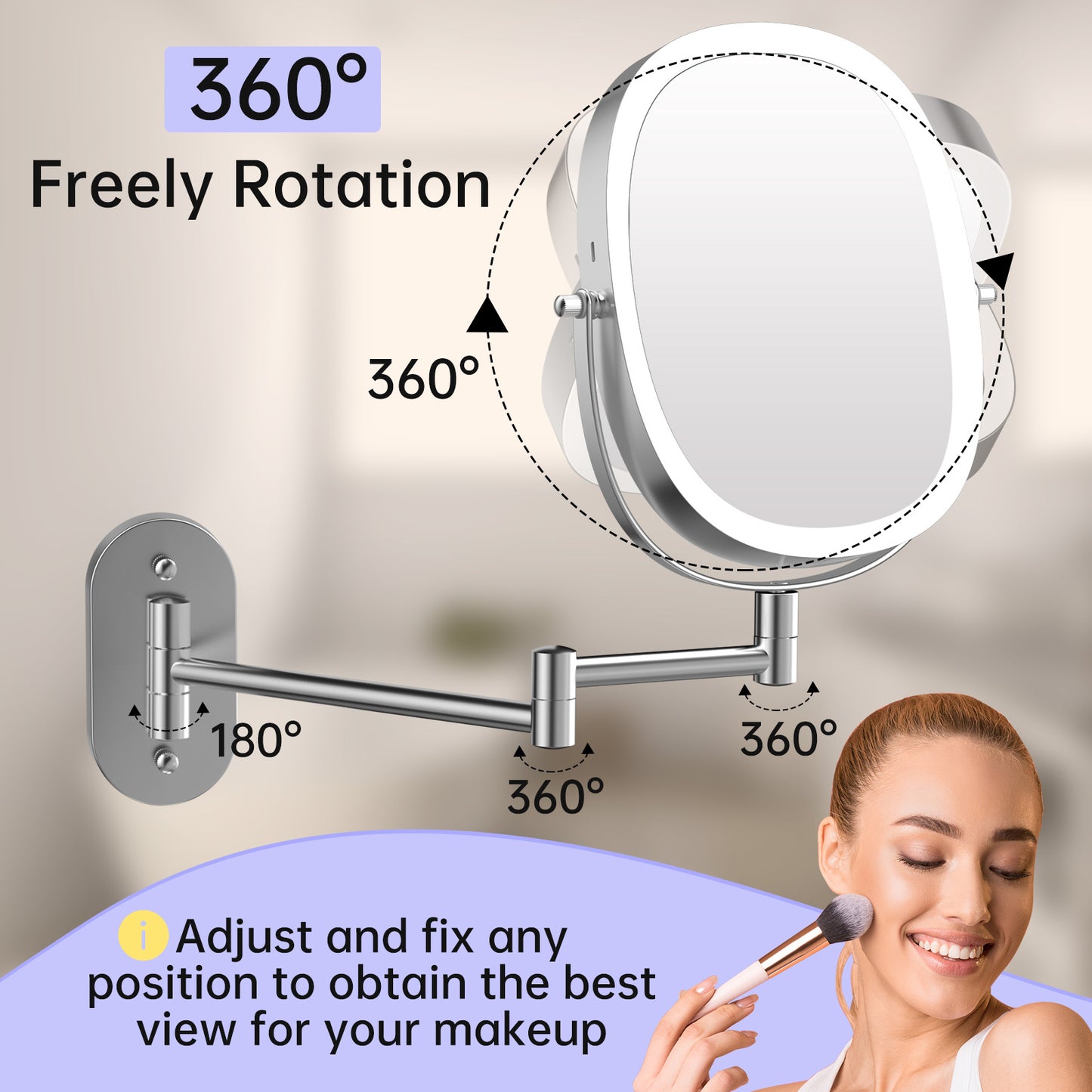 Rechargeable Lighted Wall Mounted Makeup Mirror, 1X/7X Double Sided Magnifying Mirror, 3 Dimmable Lights Option, Folding Extension Arm, Oval Wall Mounted Mirror for Bathroom