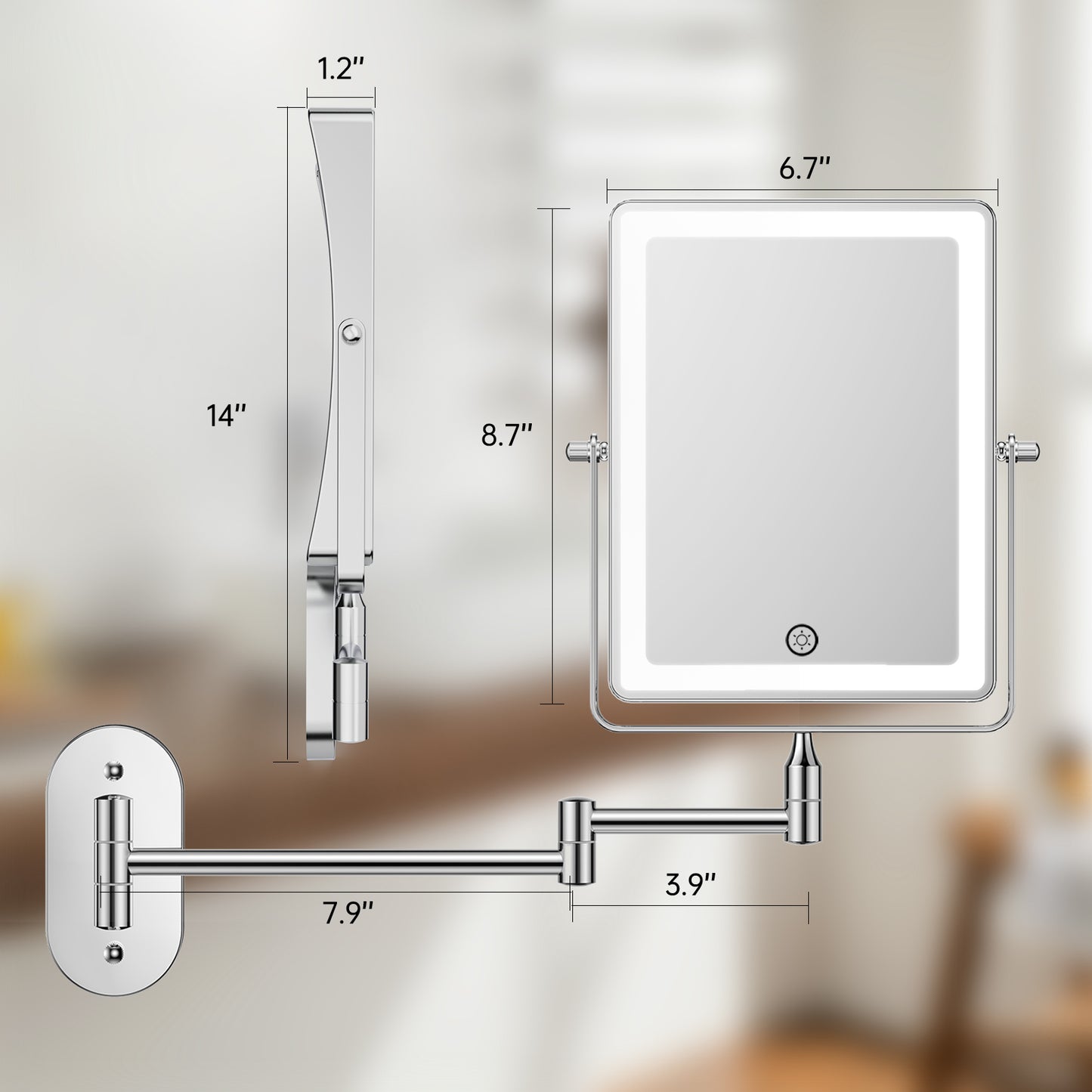 Funtouch Extendable Adjustable Rechargeable Magnifying Makeup Mirror, 360° Rotation, 3 Color Vanity Mirror with Lights, Chrome