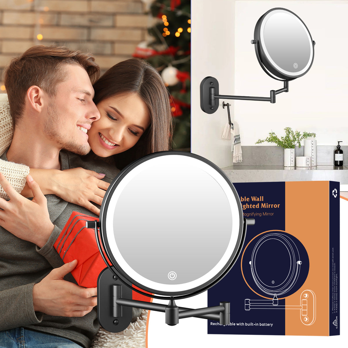 Funtouch 307 Round Stainless Steel Wall-Mounted Makeup Mirror w/ 1X/10X Magnification, Black