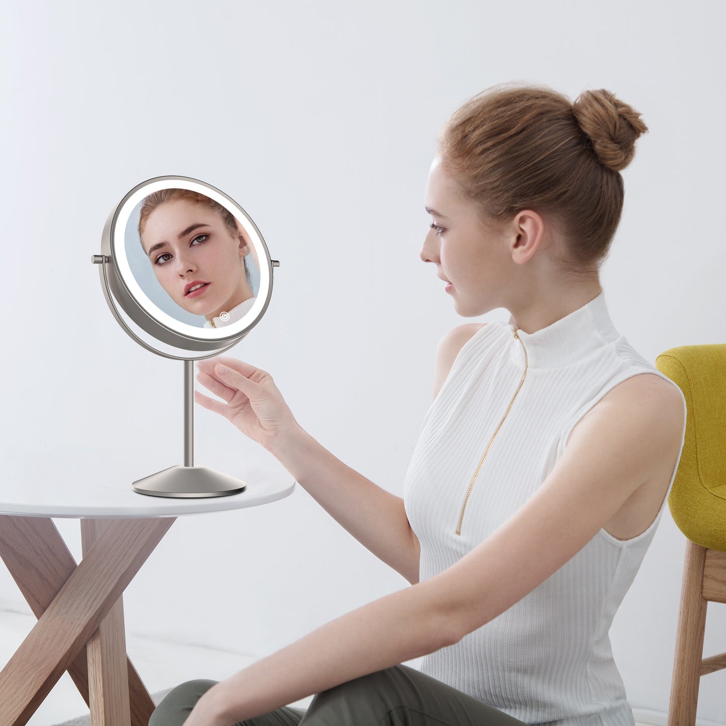 Funtouch Double-Sided Lighted Chrome Makeup Mirror, 10x Magnification, Adjustable Swivel Vanity Mirror
