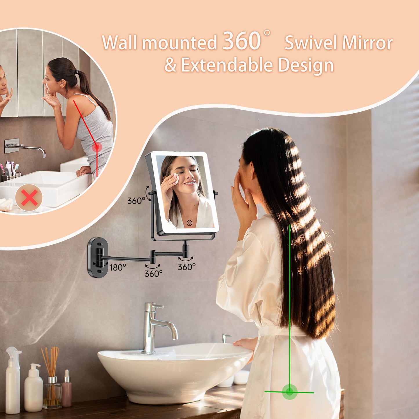 Funtouch 8.7Inch Wall lighted Mounted Makeup Mirror with Extended Arm, 360° Swivel Foldable, 3 Color Settings, Double Sided 1X 10X Magnifying, Black