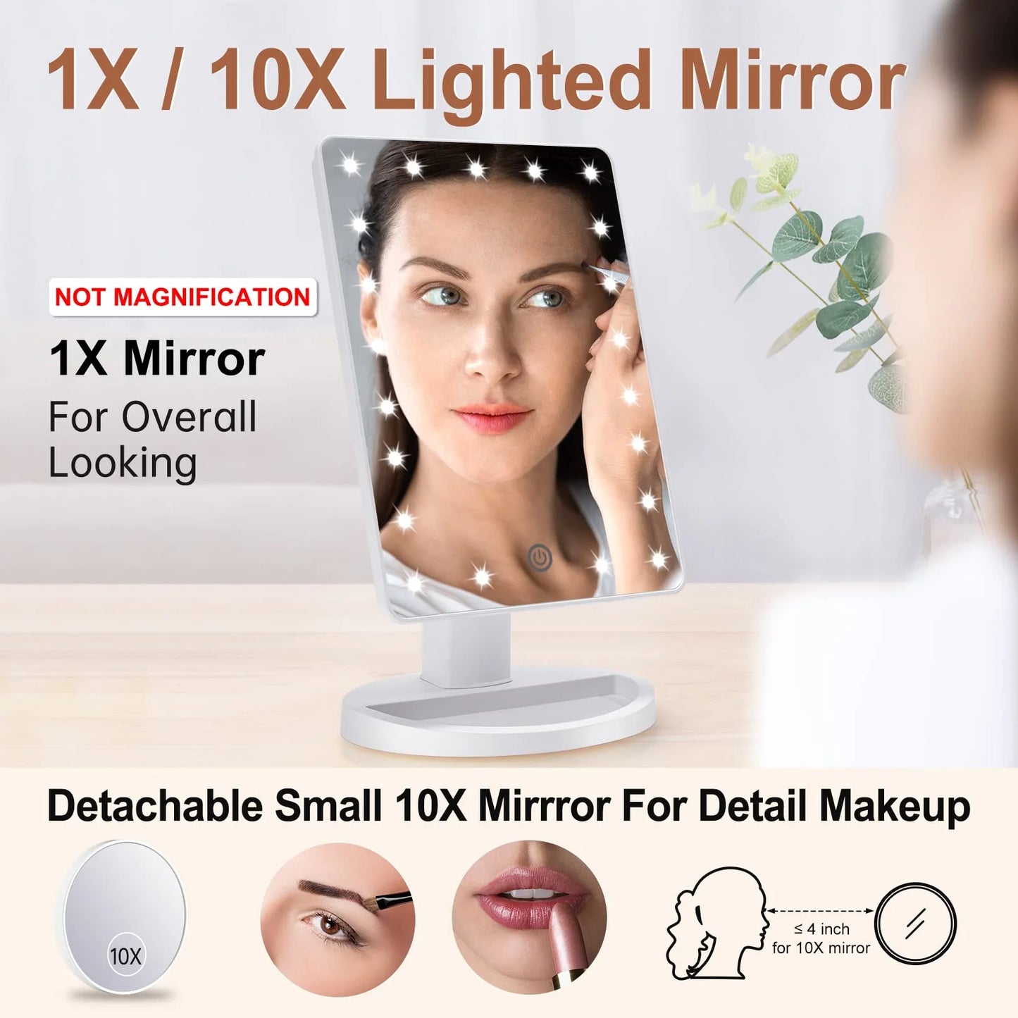 FUNTOUCH Lighted Vanity Makeup Mirror with 10X Magnifying Mirror