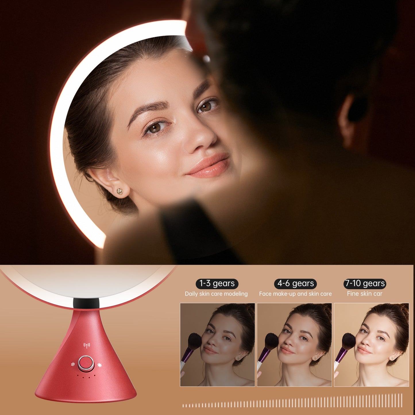9" Round Sensor Freestanding Makeup Mirror with Lighted, x1 Magnification, Adjustable Knob, Memory Function, Red