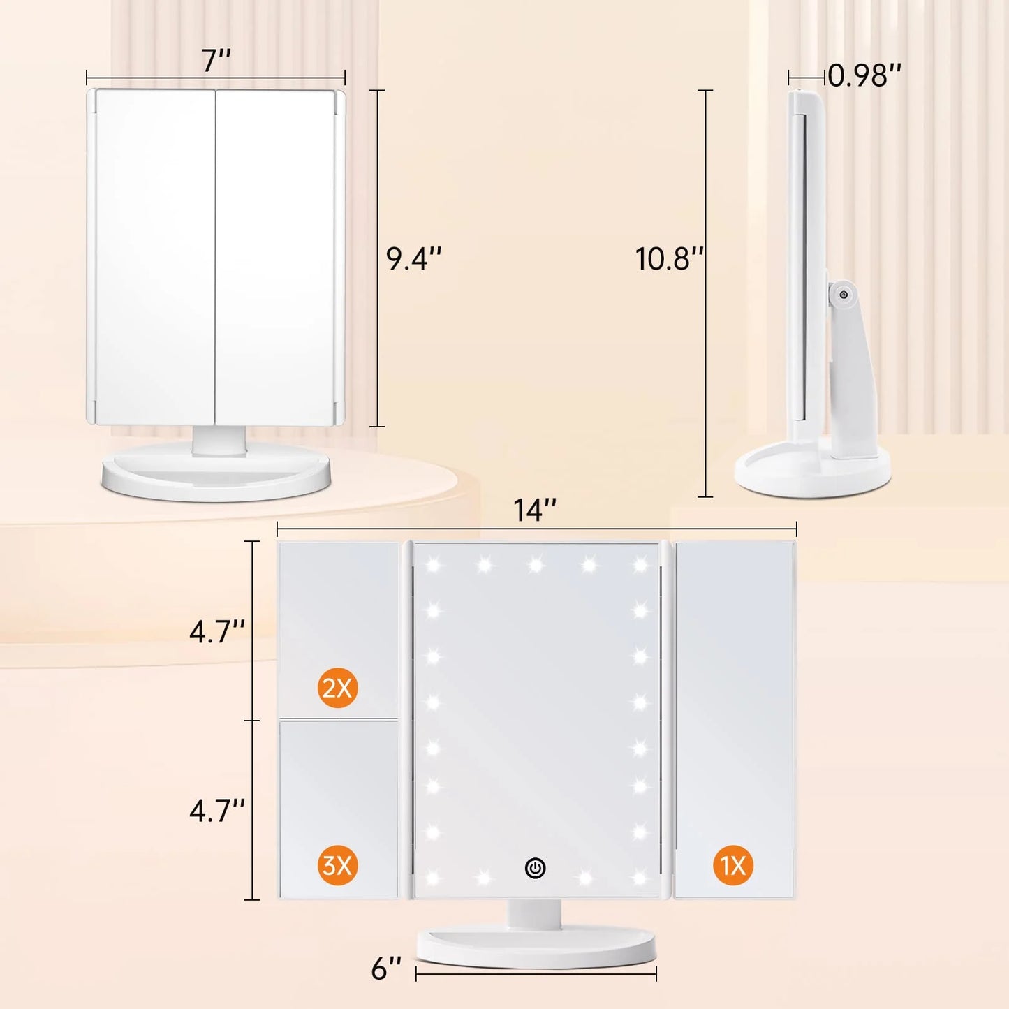 FUNTOUCH Trifold Portable Vanity Makeup Mirror