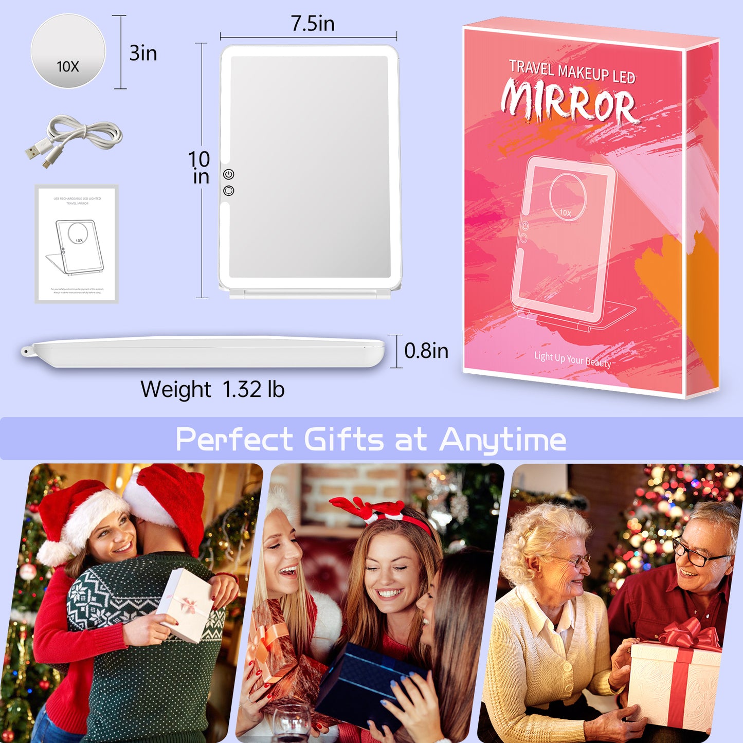 FUNTOUCH 10x7.5 Portable Large Travel Makeup Mirror with Light ,3 Color Lights, with 10X Magnification, White.
