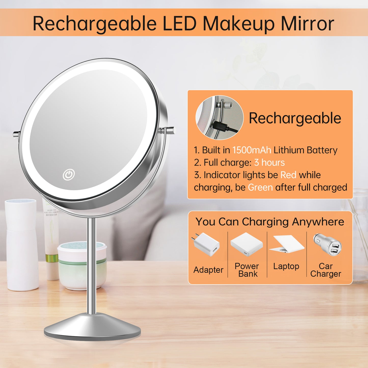 Funtouch Double-Sided Lighted Chrome Makeup Mirror, 10x Magnification, Adjustable Swivel Vanity Mirror