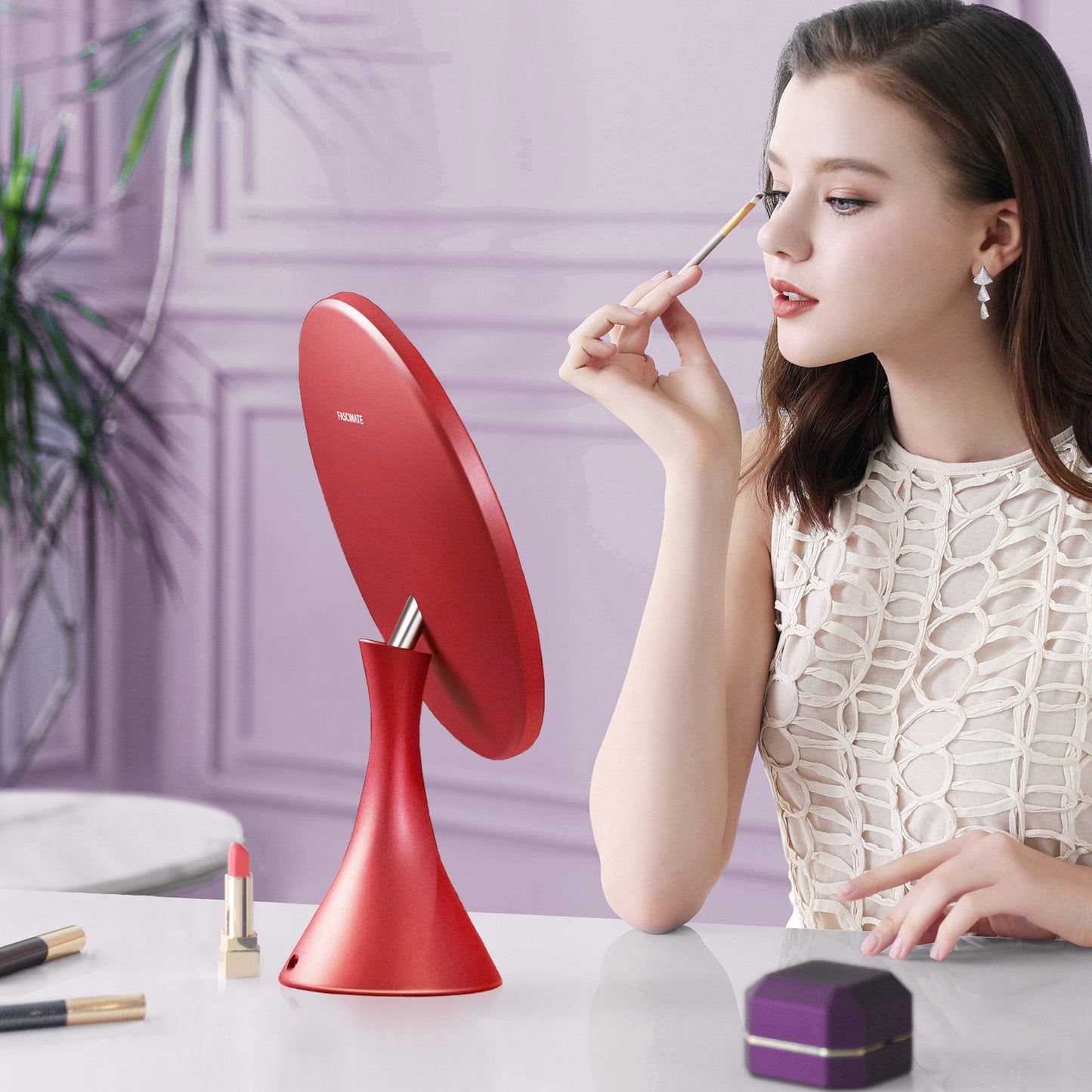 9" Round Sensor Freestanding Makeup Mirror with Lighted, x1 Magnification, Adjustable Knob, Memory Function, Red