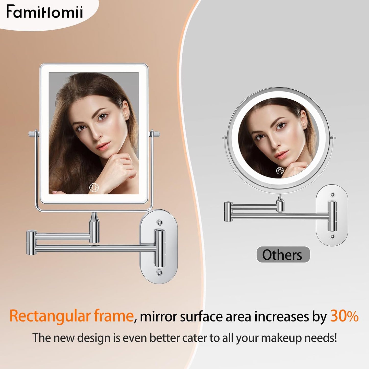 Funtouch Extendable Adjustable Rechargeable Magnifying Makeup Mirror, 360° Rotation, 3 Color Vanity Mirror with Lights, Chrome