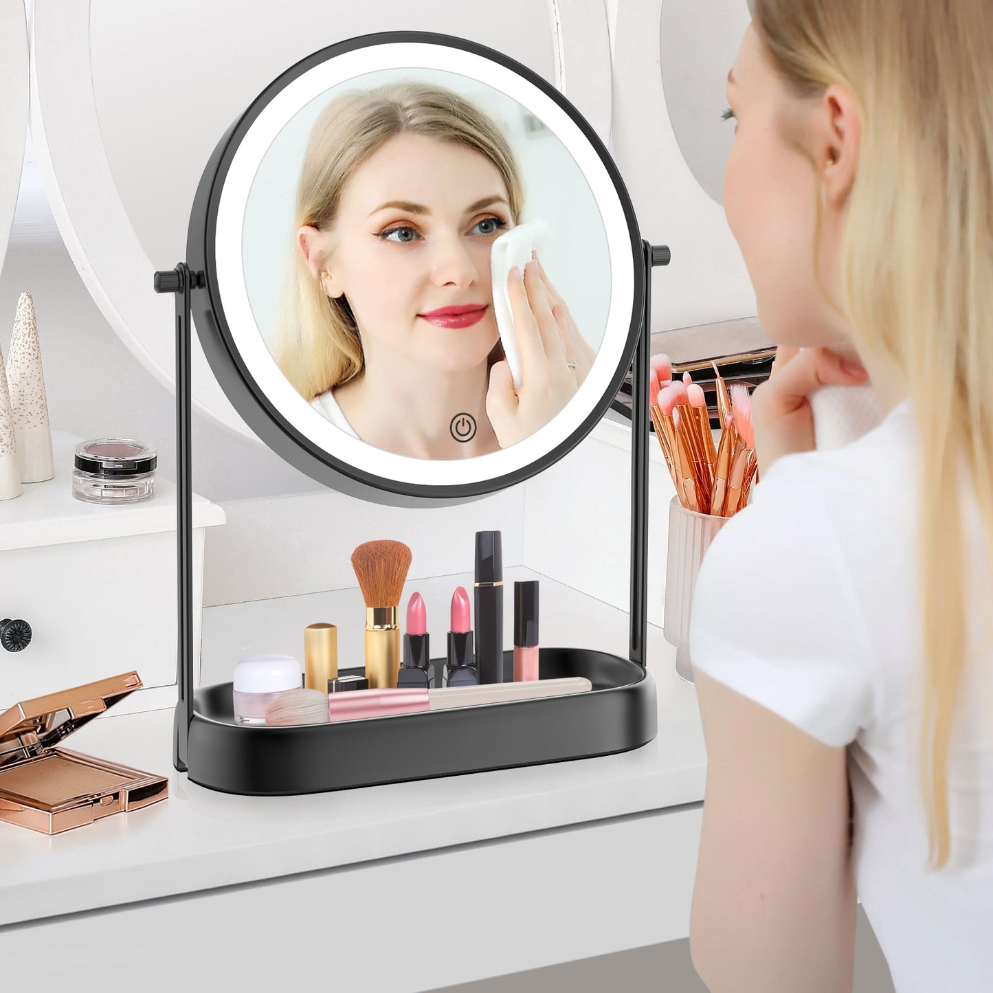 Funtouch 8" Round Stainless Steel Freestanding Makeup Mirror w/ Storage, Lighted, 3-Color Adjustable, 360° Rotation, 10x Magnification, Black