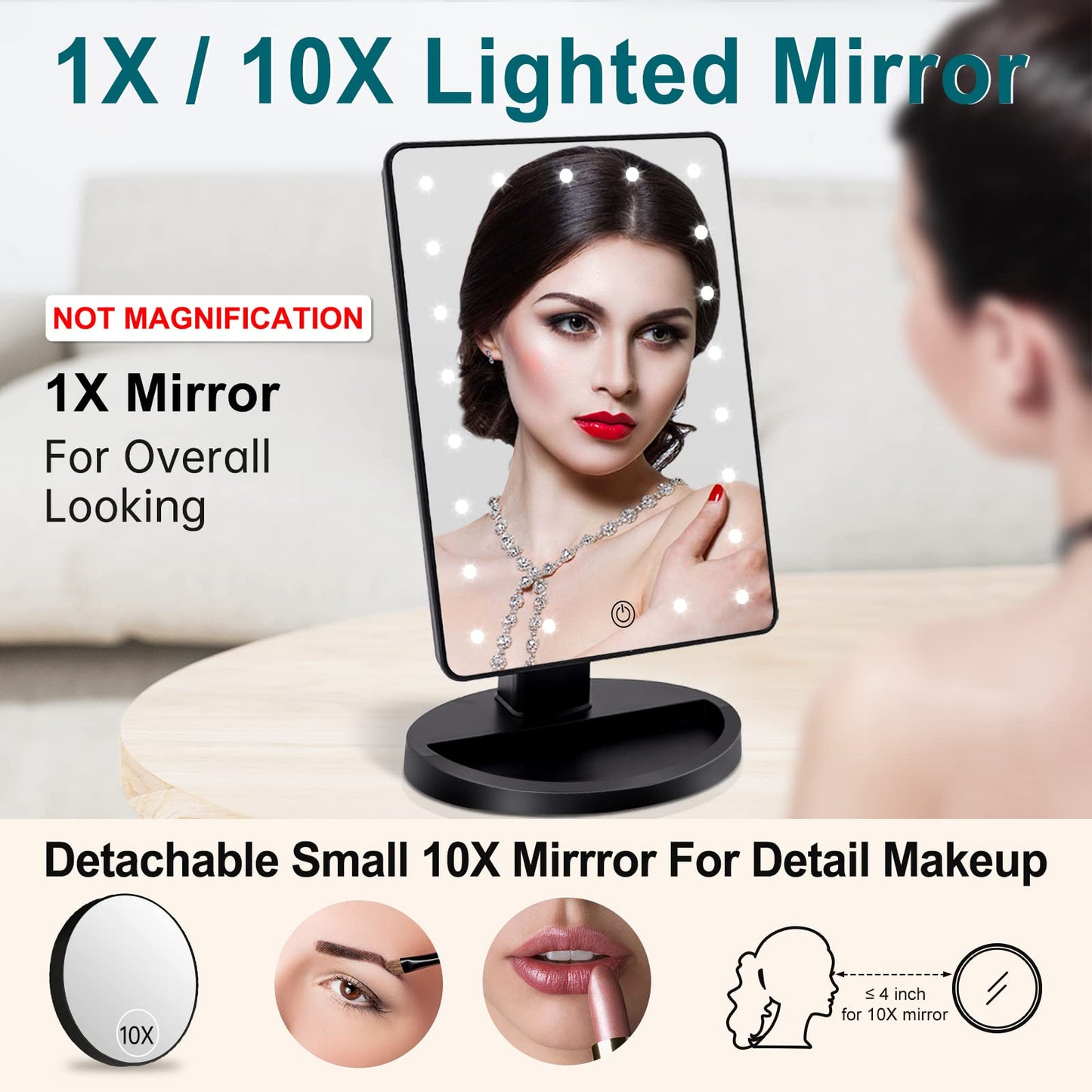 Funtouch Lighted Makeup Vanity Mirror, 10.6"L x 6.5"W, Magnifying, ABS Plastic, with 10X Magnification, Portable, Black