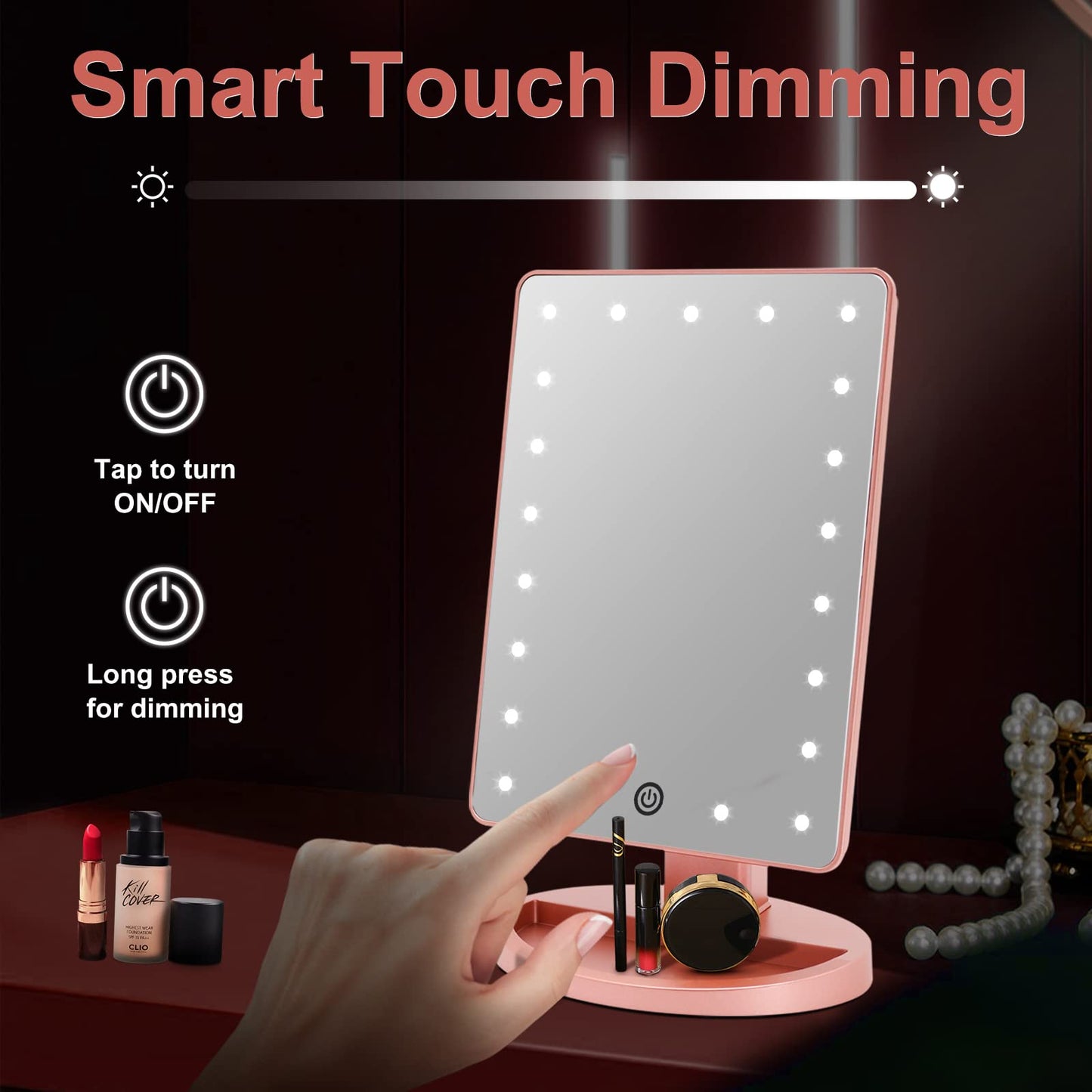 Funtouch 10.6" x 6.5" Square ABS Plastic Makeup Mirror with 1X/10X Magnification, LED Rosegold
