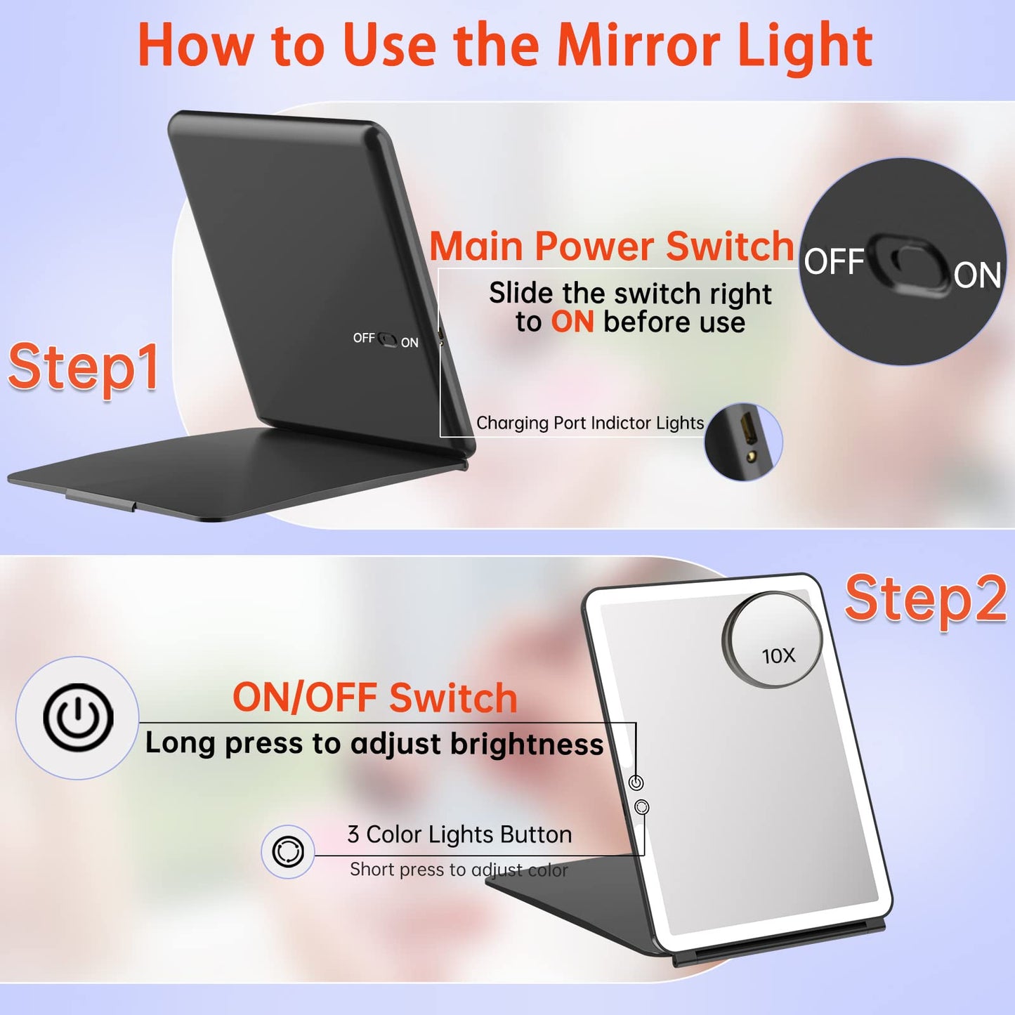 FUNTOUCH 10x7.5 Portable Large Travel Makeup Mirror with Light ,3 Color Lights, with 10X Magnification, Black.