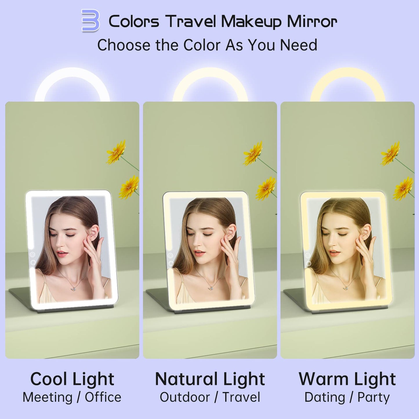 FUNTOUCH 10x7.5 Portable Large Travel Makeup Mirror with Light ,3 Color Lights, with 10X Magnification, Black.