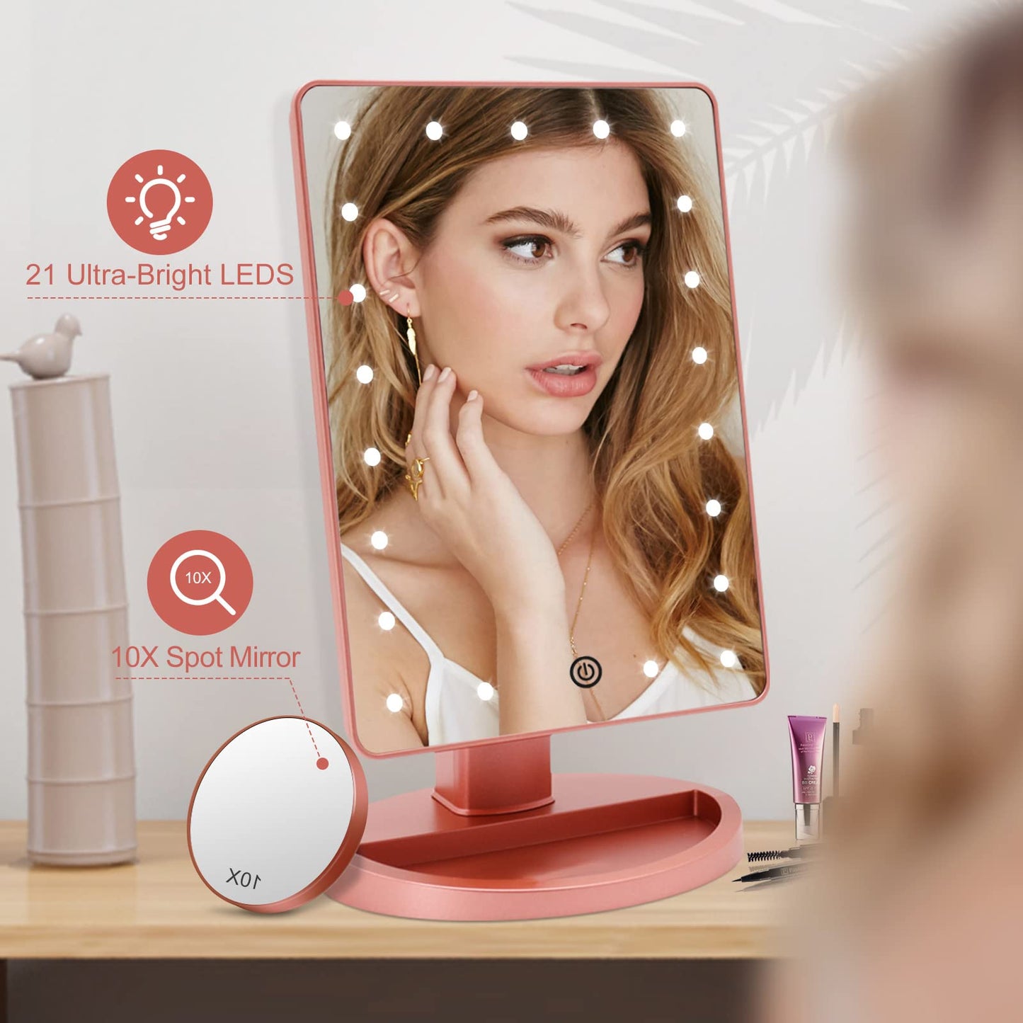 Funtouch 10.6" x 6.5" Square ABS Plastic Makeup Mirror with 1X/10X Magnification, LED Rosegold