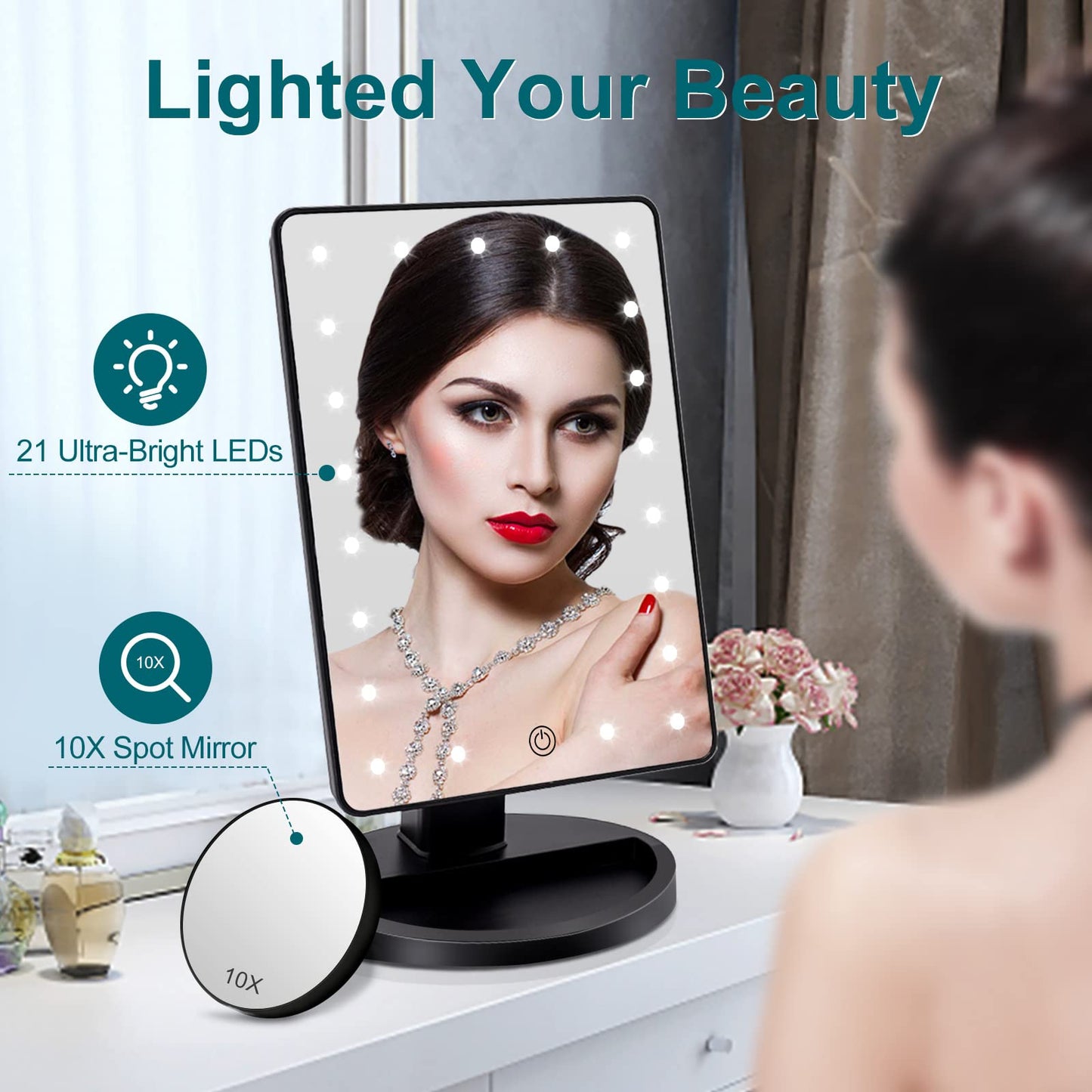 Funtouch Lighted Makeup Vanity Mirror, 10.6"L x 6.5"W, Magnifying, ABS Plastic, with 10X Magnification, Portable, Black