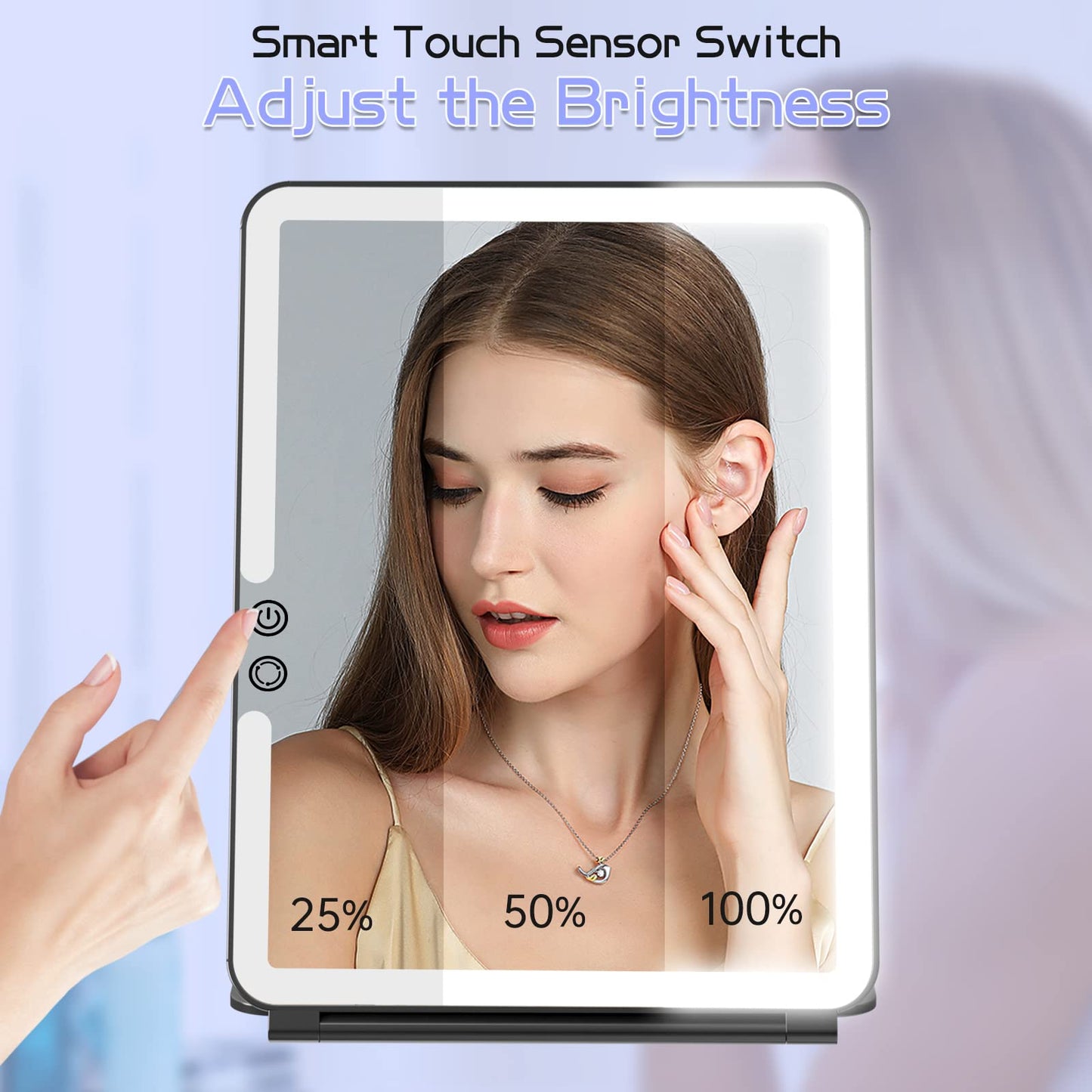 FUNTOUCH 10x7.5 Portable Large Travel Makeup Mirror with Light ,3 Color Lights, with 10X Magnification, Black.