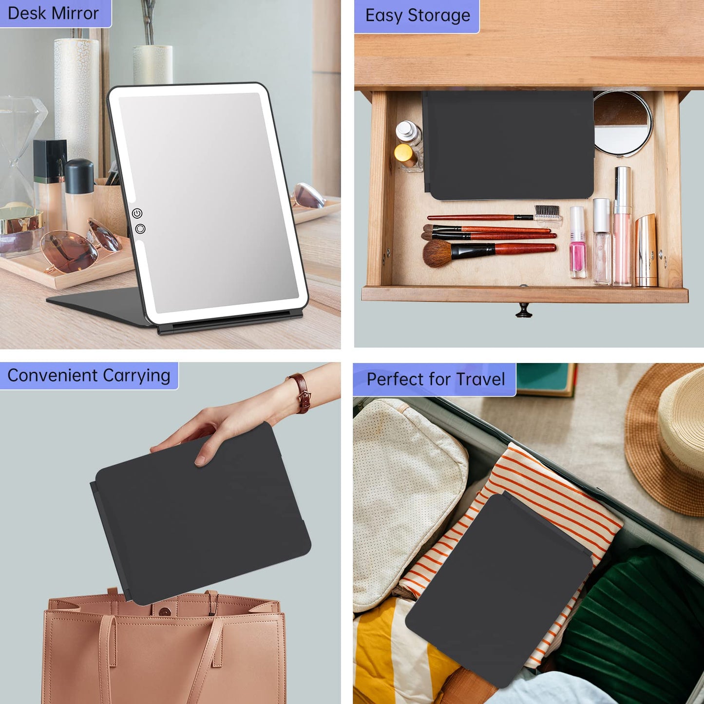 FUNTOUCH 10x7.5 Portable Large Travel Makeup Mirror with Light ,3 Color Lights, with 10X Magnification, Black.