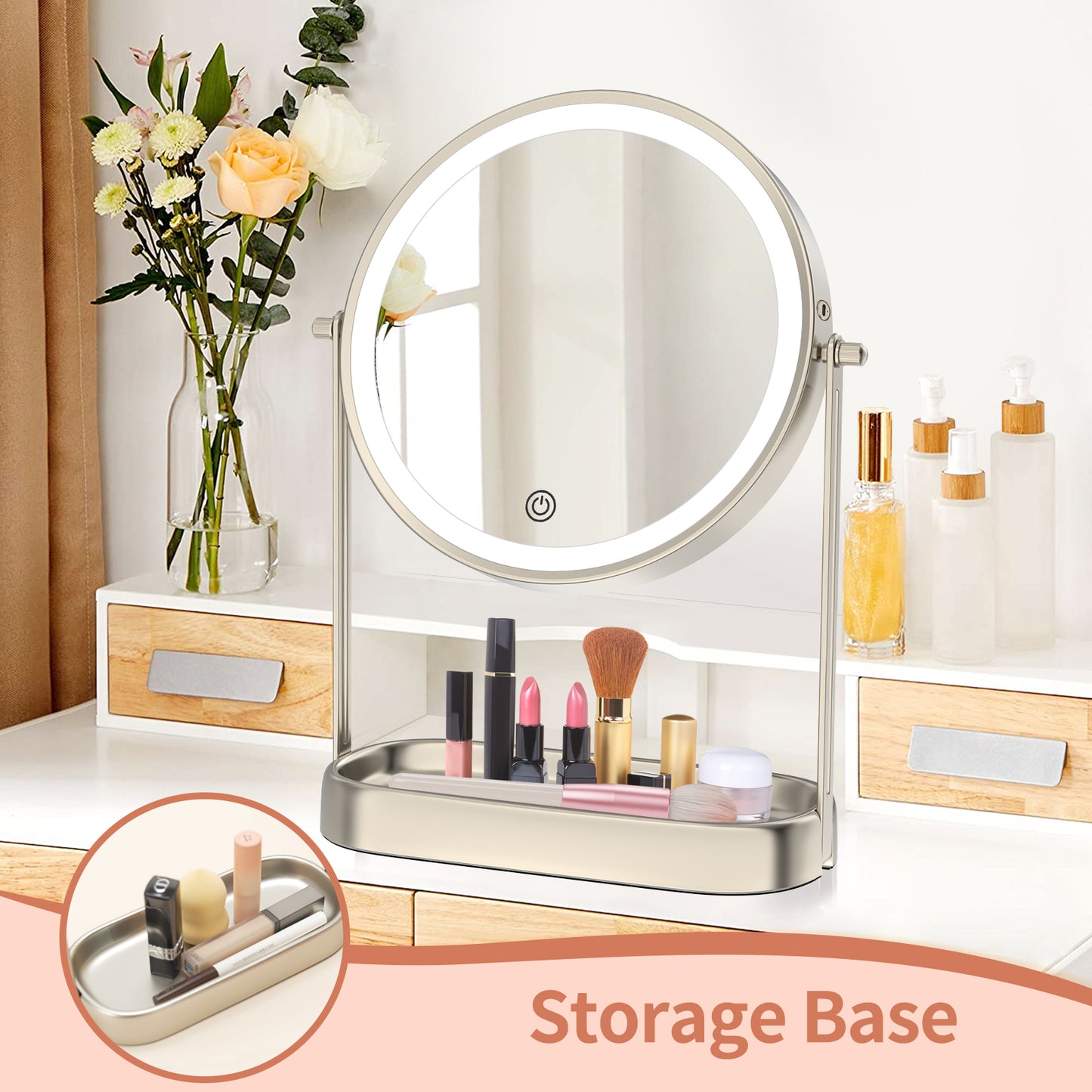 Funtouch 8" Round Stainless Steel Freestanding Makeup Mirror with Lights, 10x Magnification, Storage