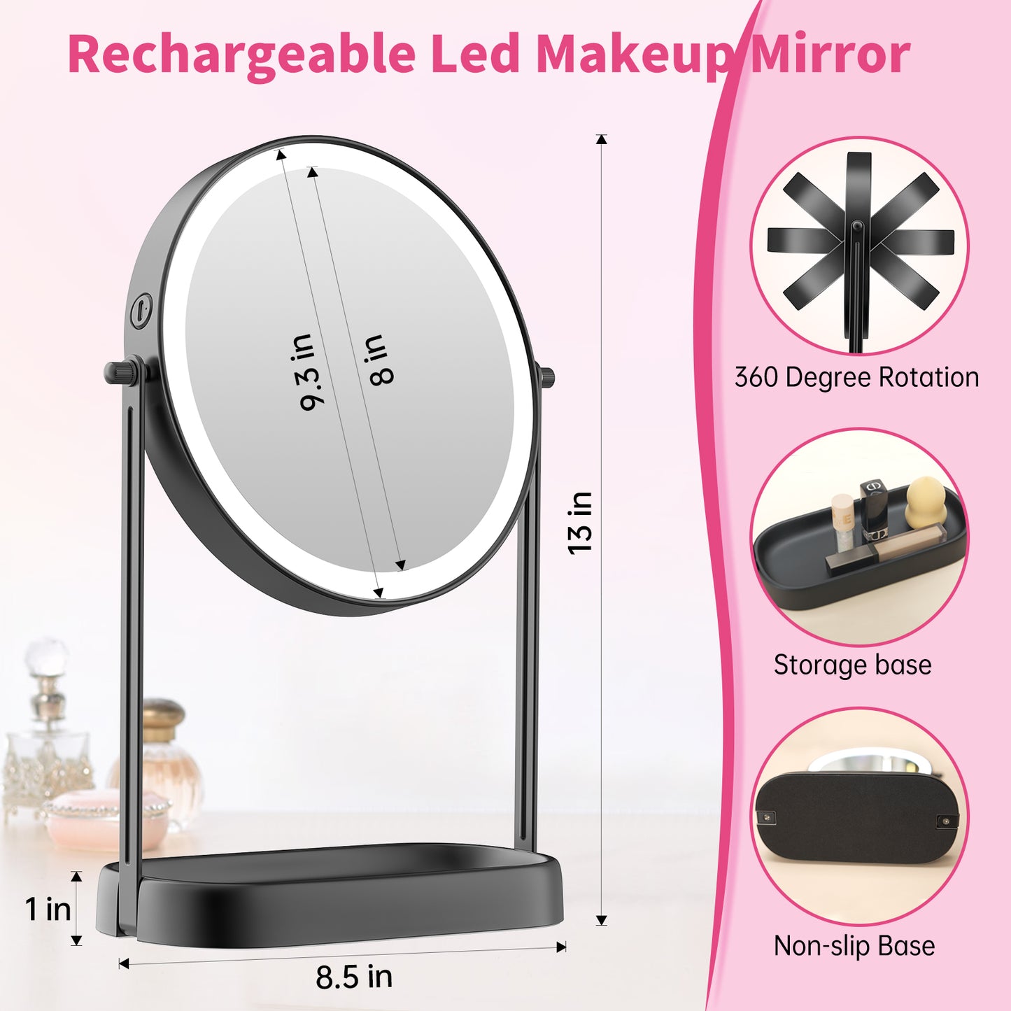 Funtouch 8" Round Stainless Steel Freestanding Makeup Mirror w/ Storage, Lighted, 3-Color Adjustable, 360° Rotation, 10x Magnification, Black