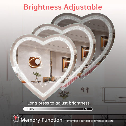 LED Bathroom Mirror with Lights Heart Shaped, Front Lit Wall Mounted LED Vanity Mirror with 3 Color, Stepless Dimmable, Memory, Smart Touch, Shatter-Proof and Frameless