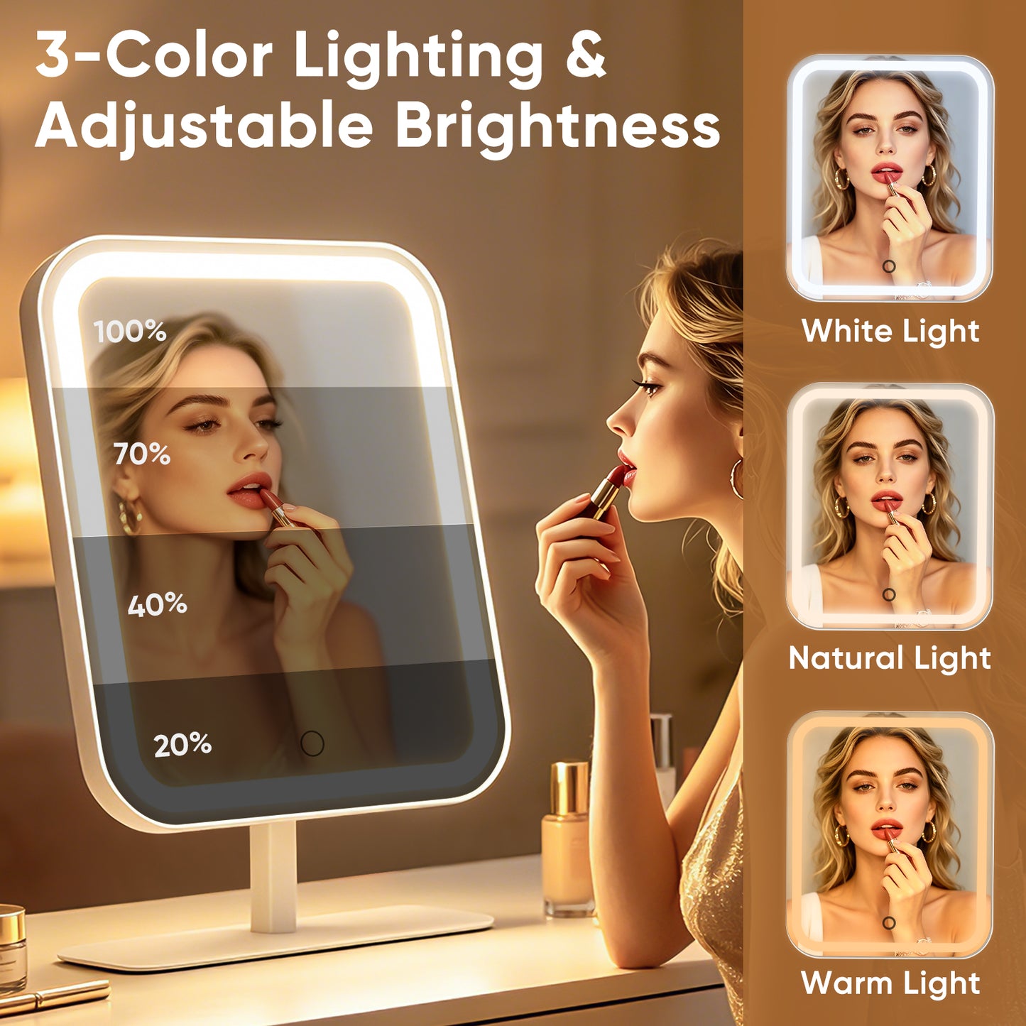 Funtouch Large Lighted Desk Makeup Mirror, Rechargeable 4500mAh Vanity Mirror with 10x Magnifying Mirror, 3 Color Lighting, 360° Rotation, White
