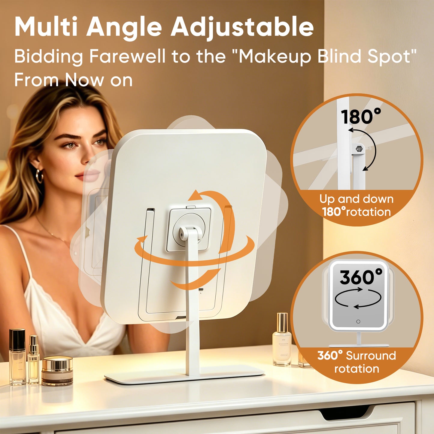 Funtouch Large Lighted Desk Makeup Mirror, Rechargeable 4500mAh Vanity Mirror with 10x Magnifying Mirror, 3 Color Lighting, 360° Rotation, White