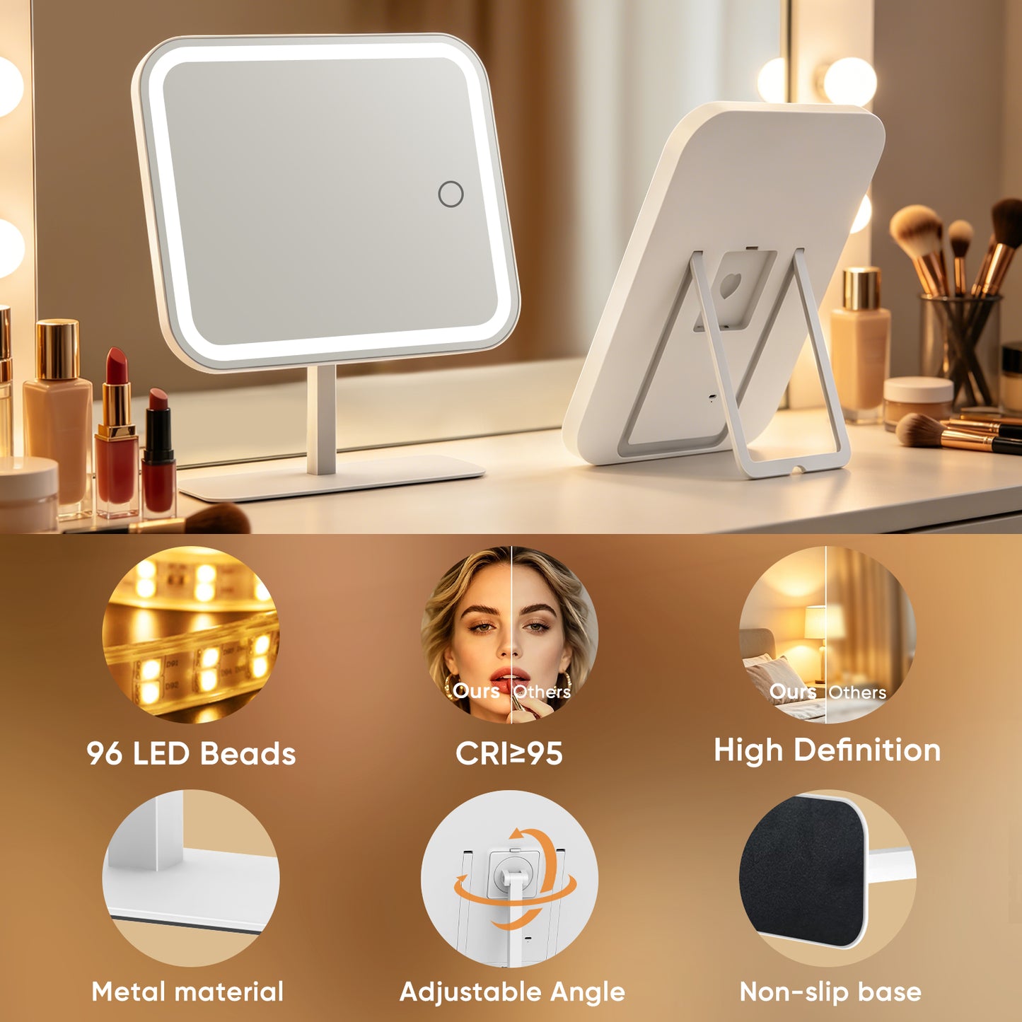 Funtouch Large Lighted Desk Makeup Mirror, Rechargeable 4500mAh Vanity Mirror with 10x Magnifying Mirror, 3 Color Lighting, 360° Rotation, White