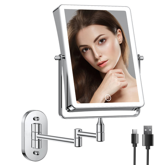 Funtouch Extendable Adjustable Rechargeable Magnifying Makeup Mirror, 360° Rotation, 3 Color Vanity Mirror with Lights, Chrome