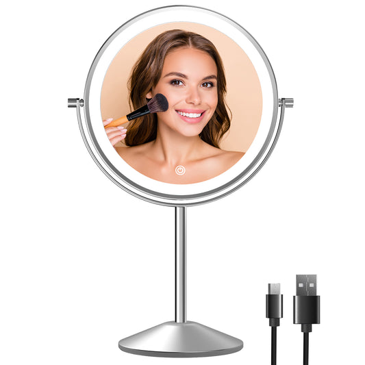 Funtouch Double-Sided Lighted Chrome Makeup Mirror, 10x Magnification, Adjustable Swivel Vanity Mirror