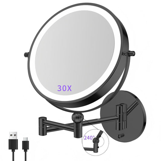 FUNTOUCH 9-inch 5000mAh Rechargeable Makeup Mirror with 1X/30X Magnification, Dimmable Razor Mirror in 3 Colors, Adjustable Height Makeup Mirror, 360° Rotatable, Wall Mirror for Bathroom and Hotel