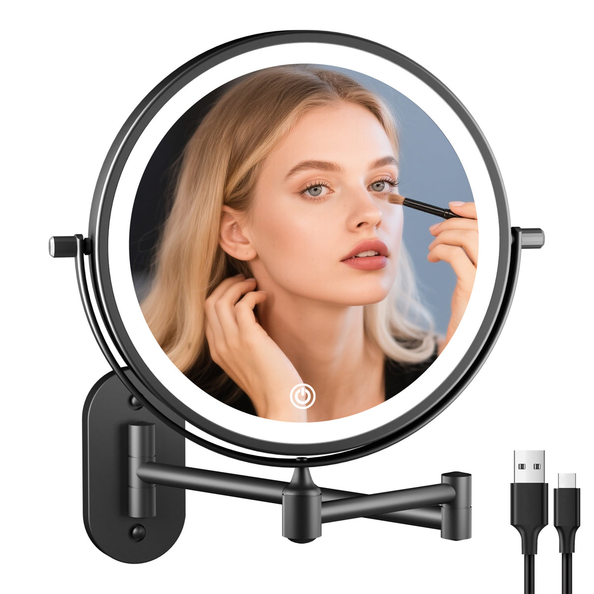 Funtouch 307 Round Stainless Steel Wall-Mounted Makeup Mirror w/ 1X/10X Magnification, Black