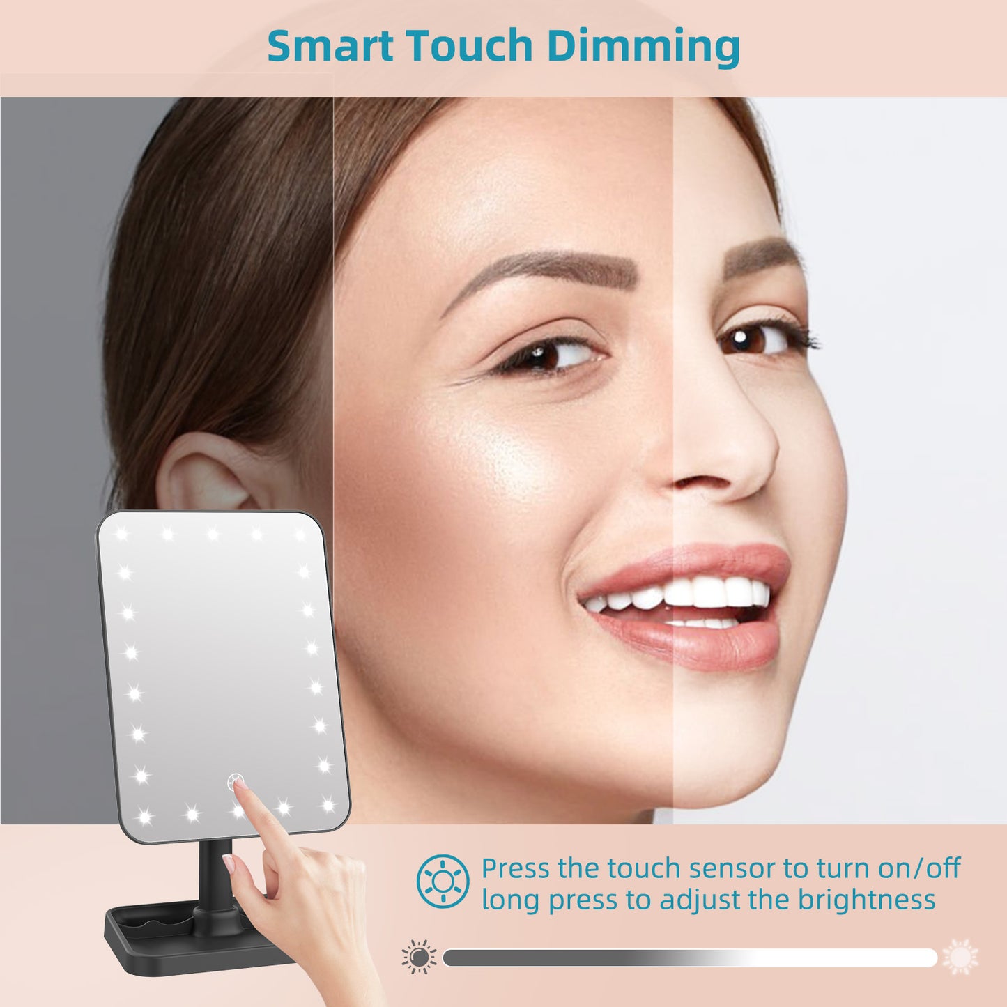 Funtouch 9" x 6.5" Makeup Mirror with 1X / 10X Magnification, Dimming Touch Sensor, Portable Travel, Black