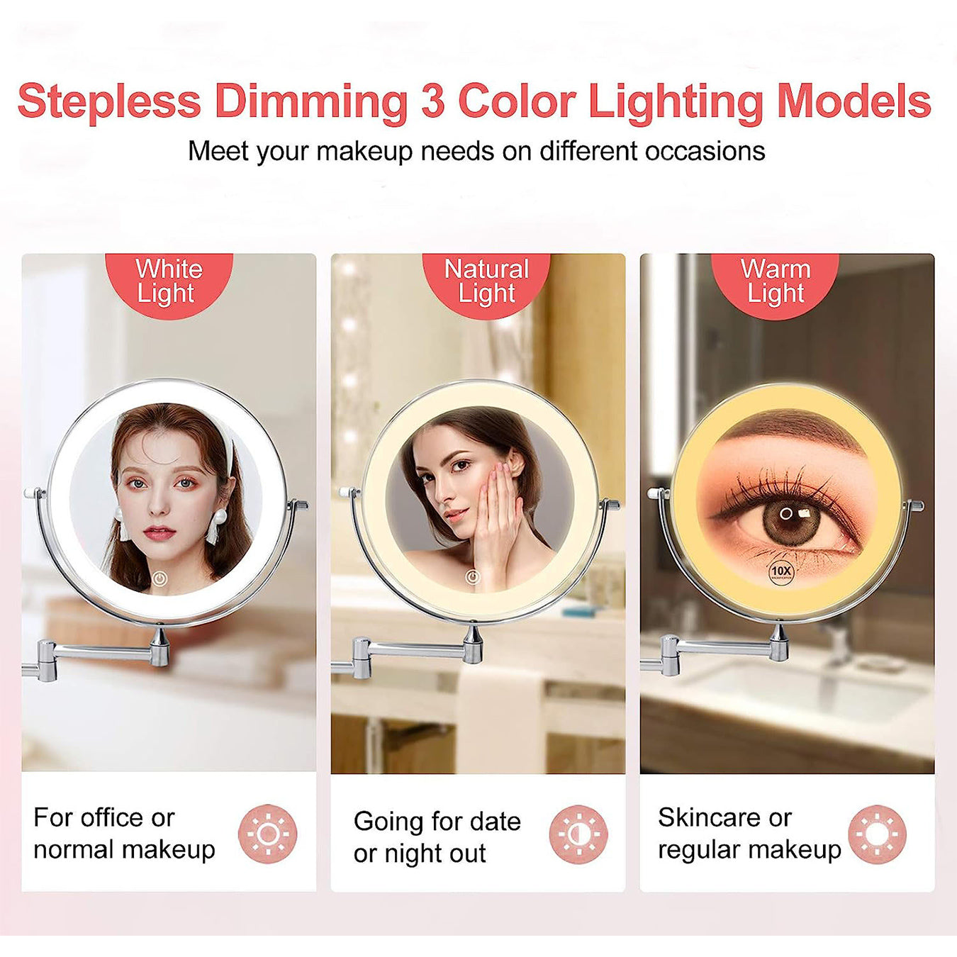 Funtouch Round Lighted Rechargeable 1X 10X Magnifying Wall Mounted Bathroom Makeup Vanity Mirror