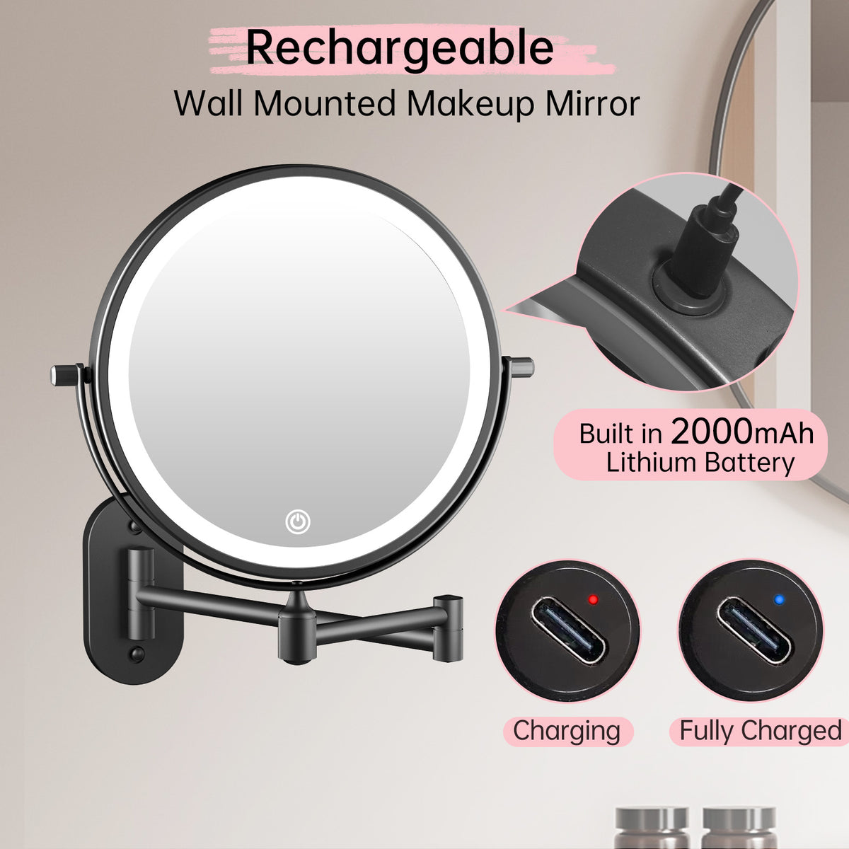 Funtouch 307 Round Stainless Steel Wall-Mounted Makeup Mirror w/ 1X/10X Magnification, Black