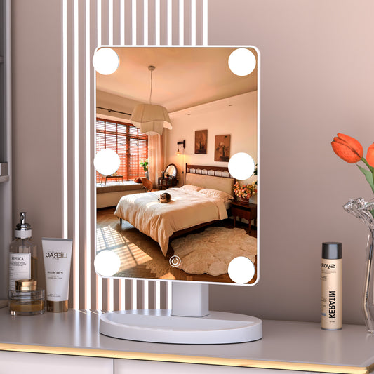 Funtouch 10" x 12" Freestanding Makeup Mirror with Lighted LED Bulbs, x1 Magnification, White