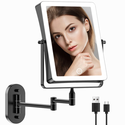 Funtouch 8.7Inch Wall lighted Mounted Makeup Mirror with Extended Arm, 360° Swivel Foldable, 3 Color Settings, Double Sided 1X 10X Magnifying, Black