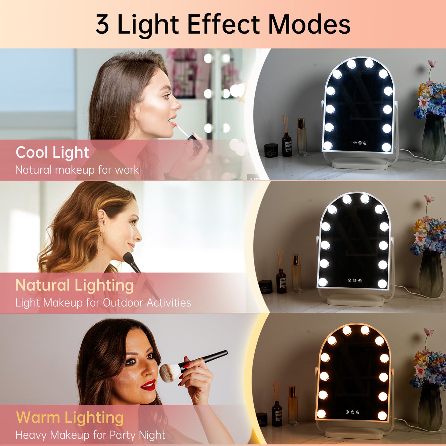 FUNTOUCH Arched Hollywood Vanity Makeup Mirror with Lights 12 Dimmable Bulbs White
