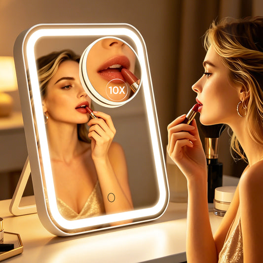 FUNTOUCH Large Makeup Vanity Mirror with Lights, 4500mAh Rechargeable Lighted Desk Makeup Mirror with 10x Magnifying Mirror, 3 Color Lighting (White)