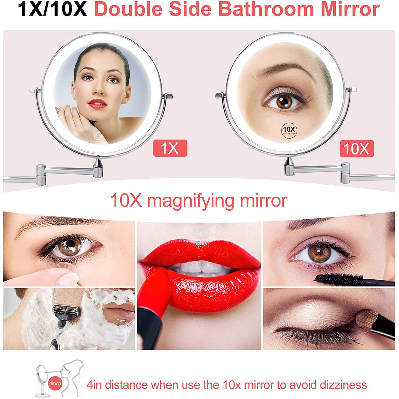 Funtouch Round Lighted Rechargeable 1X 10X Magnifying Wall Mounted Bathroom Makeup Vanity Mirror