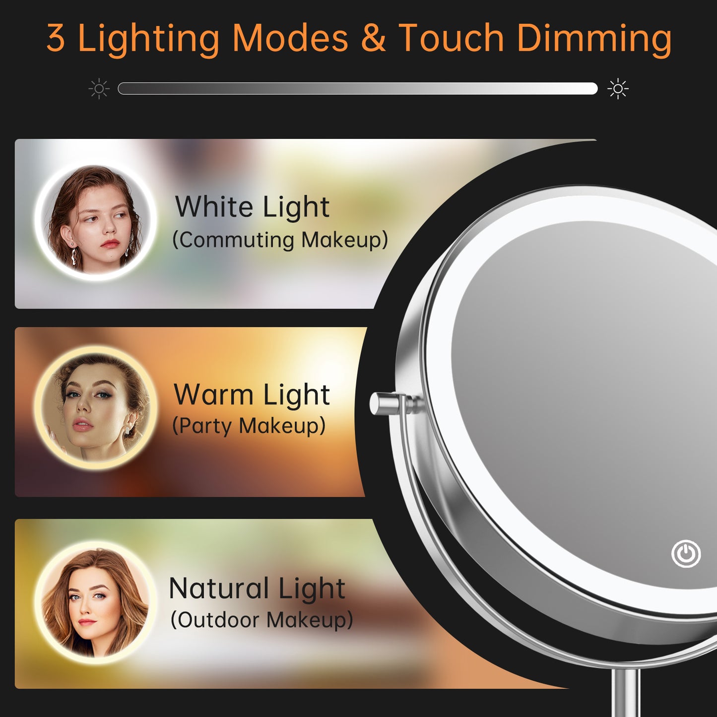 Funtouch Double-Sided Lighted Chrome Makeup Mirror, 10x Magnification, Adjustable Swivel Vanity Mirror