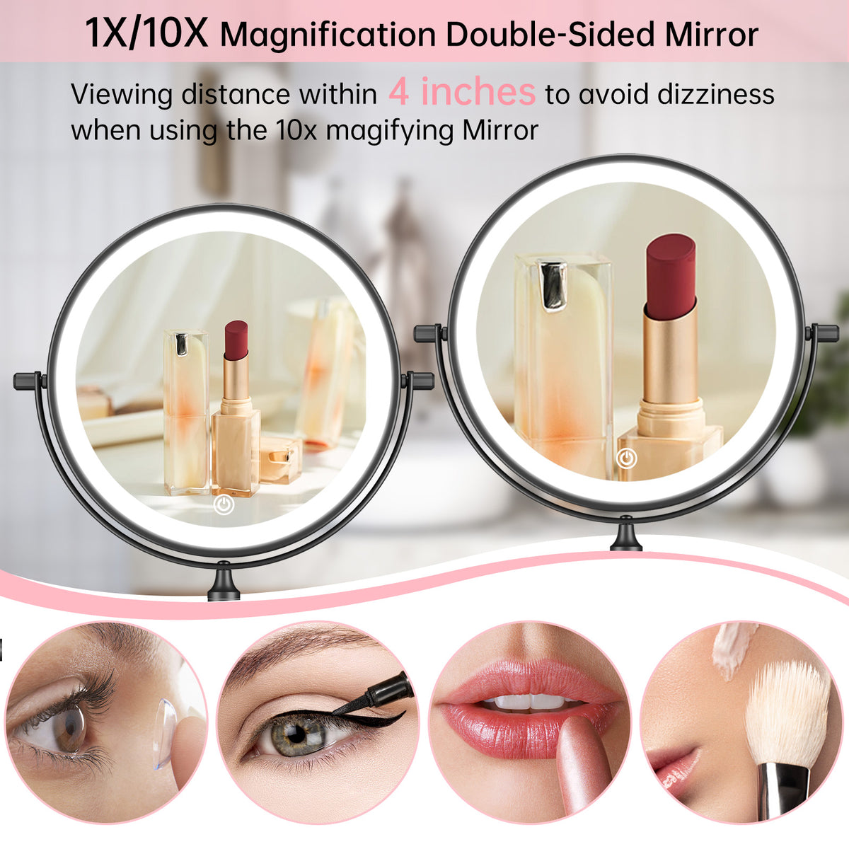 Funtouch 307 Round Stainless Steel Wall-Mounted Makeup Mirror w/ 1X/10X Magnification, Black