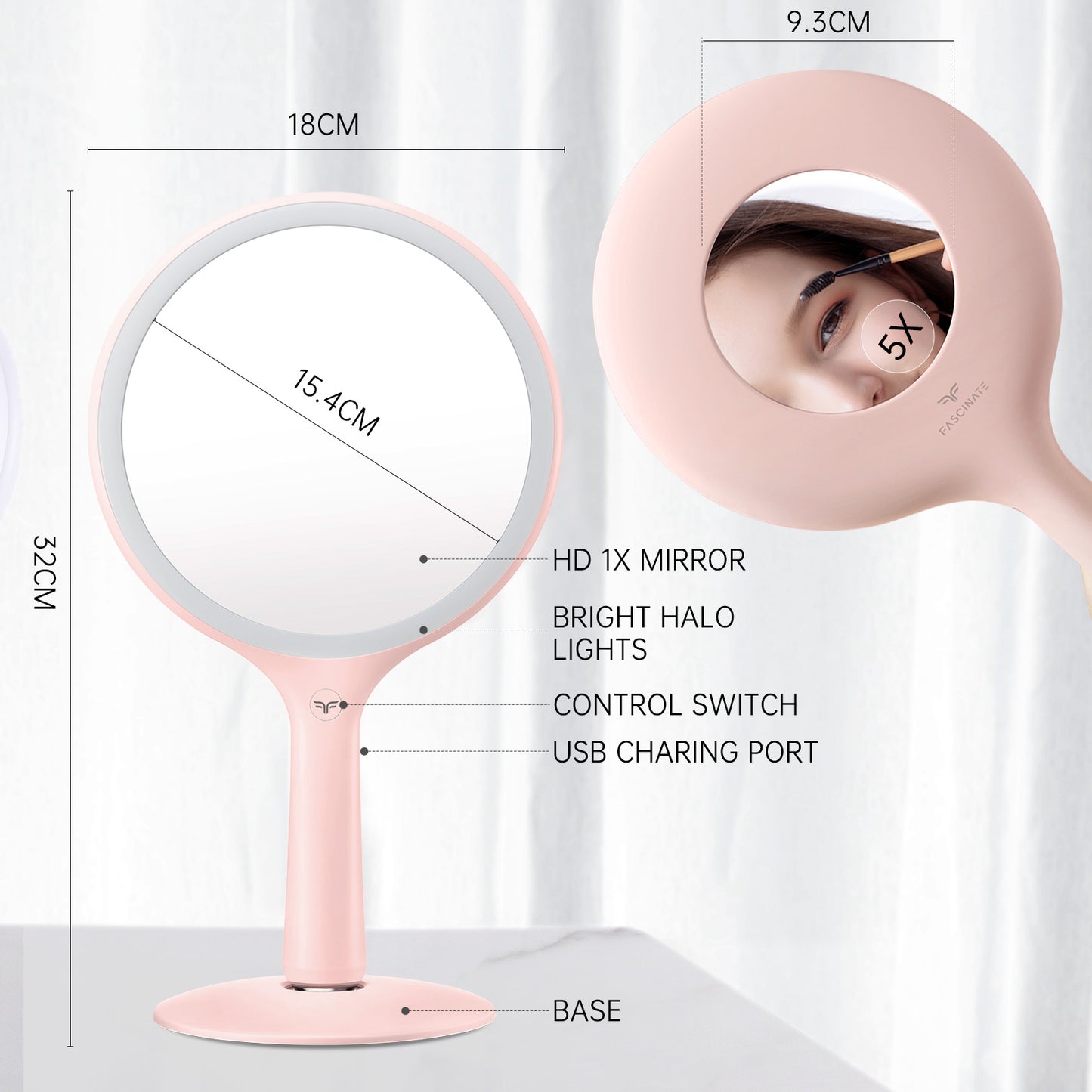 Rechargeable Makeup Mirror, Round, ABS, 1x/5x Magnification, Pink