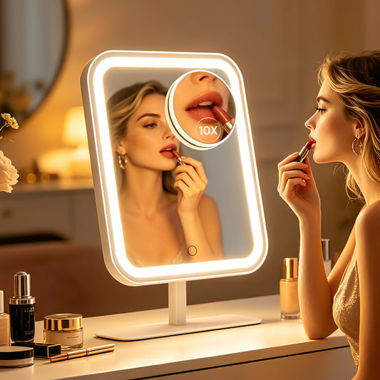 Funtouch Large Lighted Desk Makeup Mirror, Rechargeable 4500mAh Vanity Mirror with 10x Magnifying Mirror, 3 Color Lighting, 360° Rotation, White