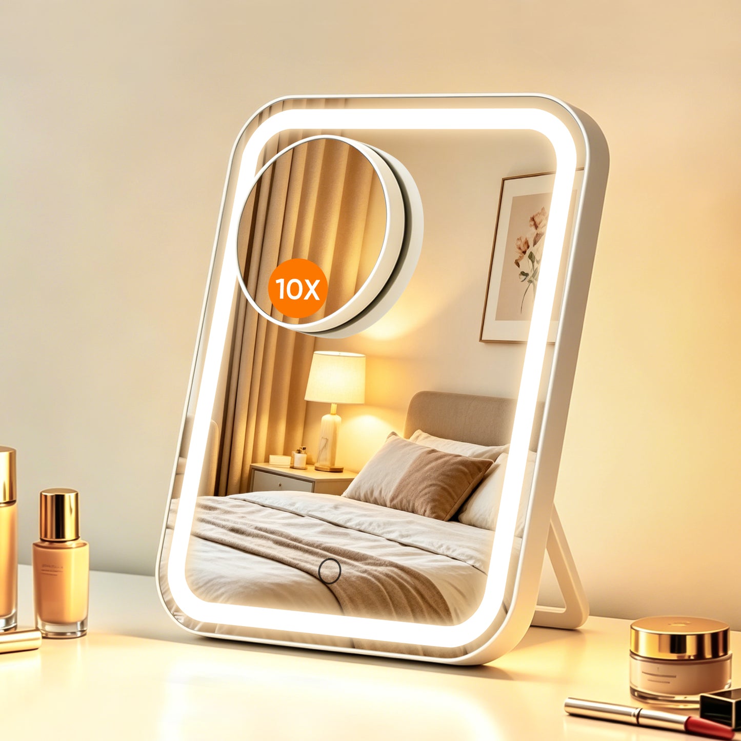 FUNTOUCH Large Makeup Vanity Mirror with Lights, 4500mAh Rechargeable Lighted Desk Makeup Mirror with 10x Magnifying Mirror, 3 Color Lighting (White)