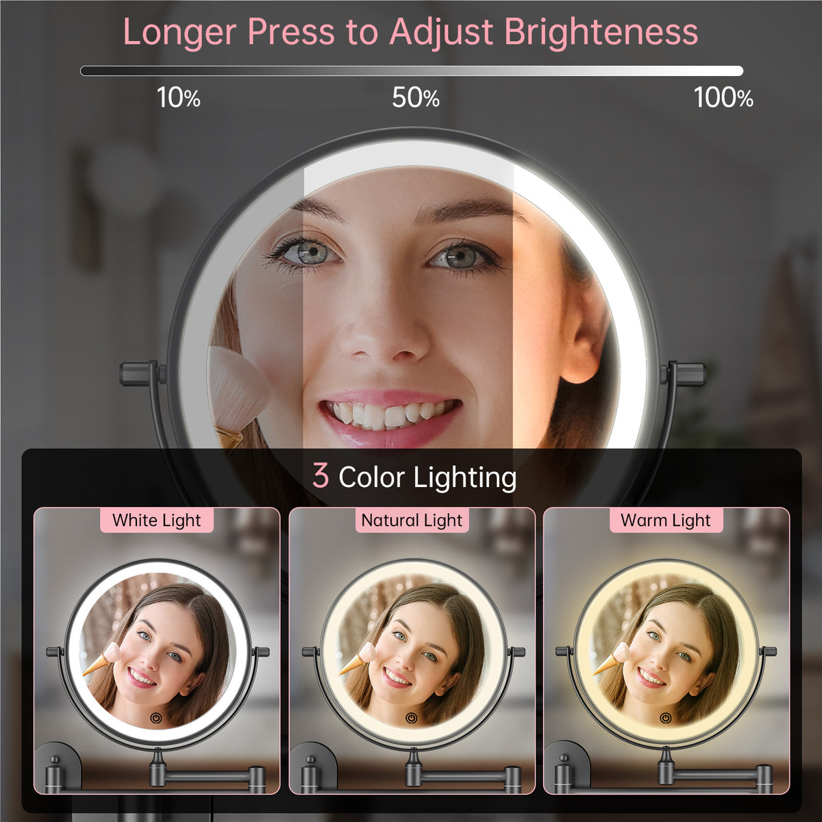 Funtouch 307 Round Stainless Steel Wall-Mounted Makeup Mirror w/ 1X/10X Magnification, Black