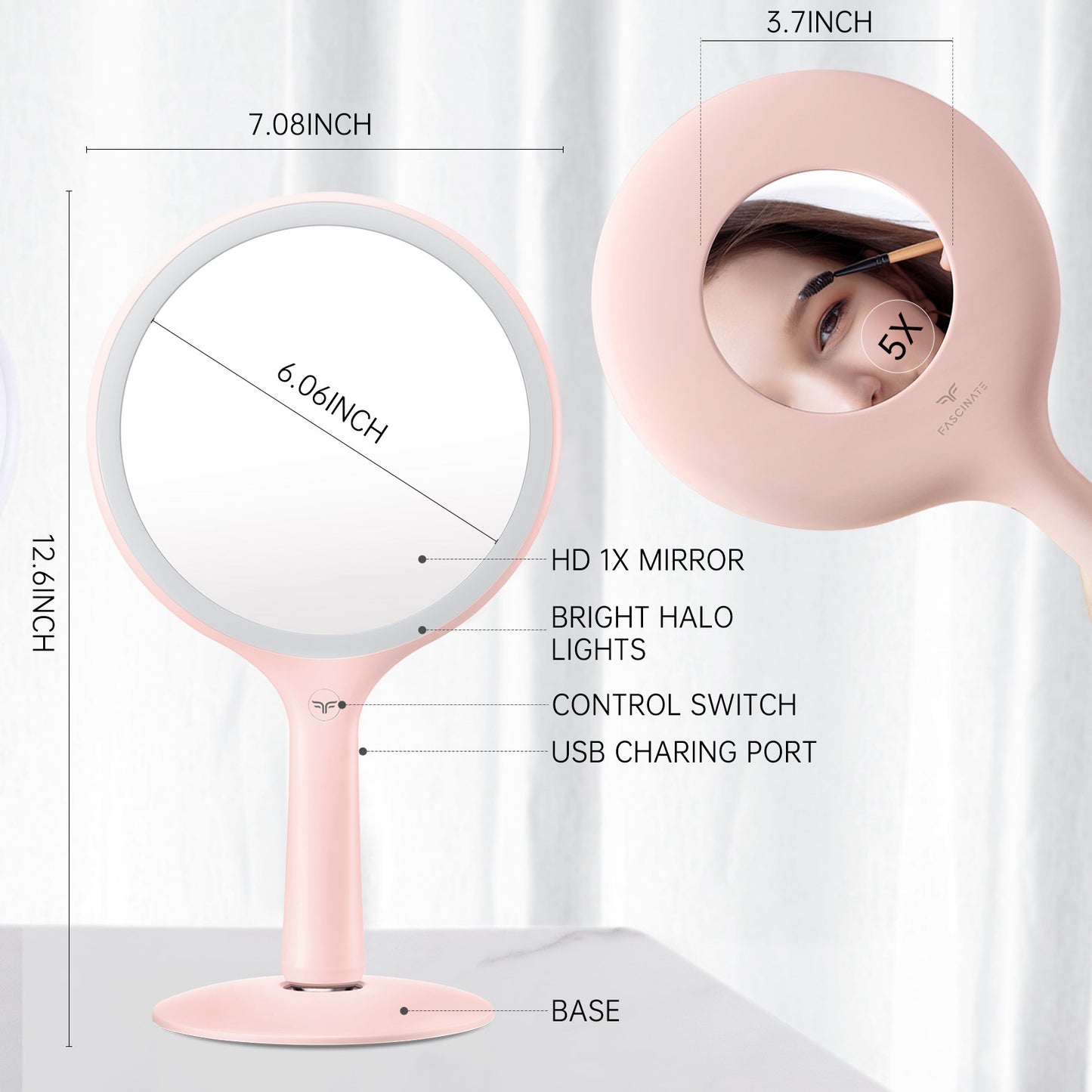 Rechargeable Makeup Mirror, Round, ABS, 1x/5x Magnification, Pink